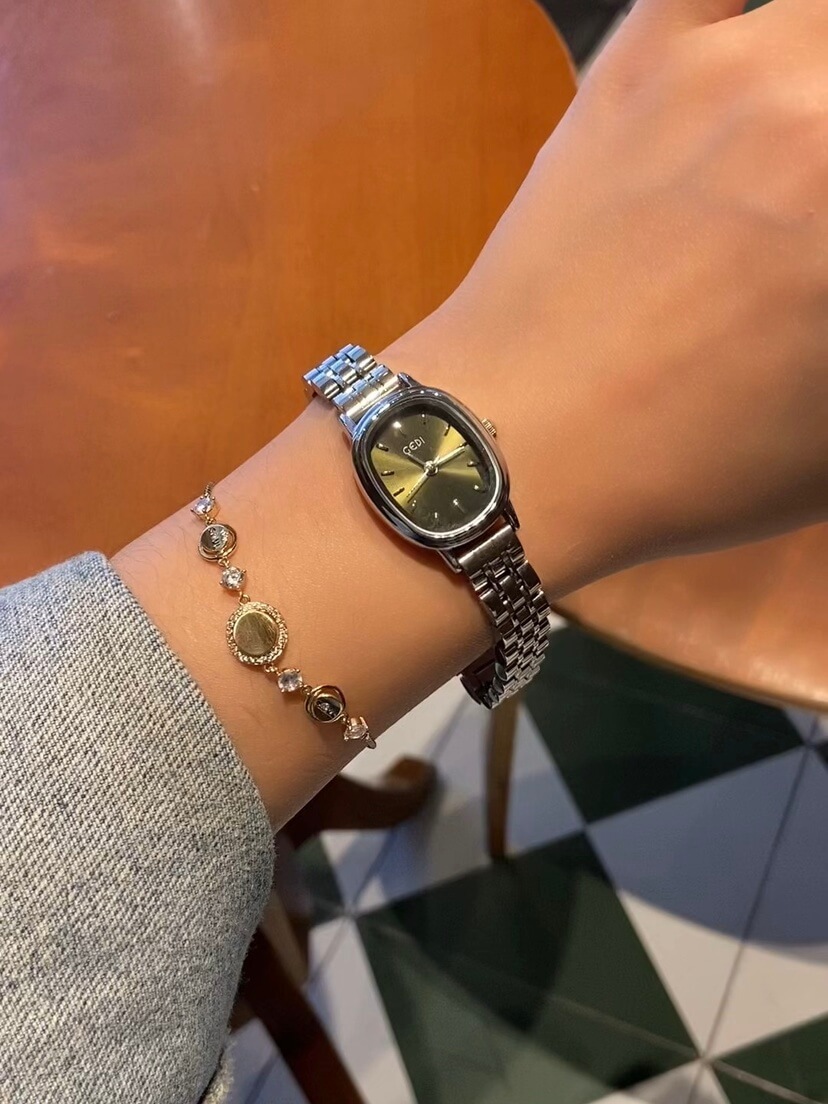 Minimalist Emerald Green Oval Face Silver Bracelet Watch