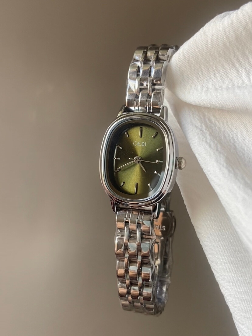 Minimalist Emerald Green Oval Face Silver Bracelet Watch