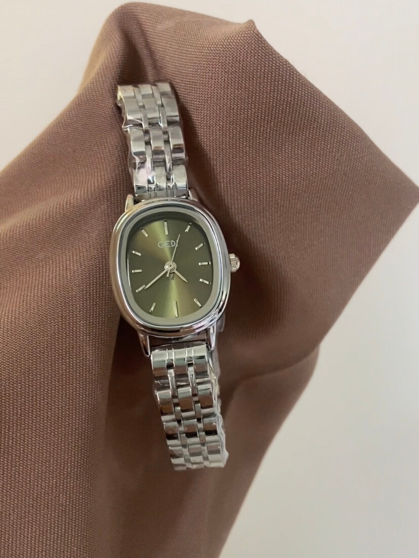 Minimalist Emerald Green Oval Face Silver Bracelet Watch