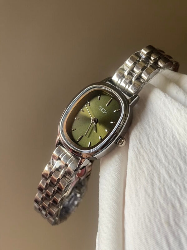 Minimalist Emerald Green Oval Face Silver Bracelet Watch