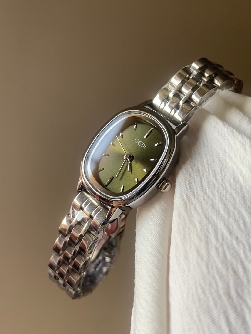 Minimalist Emerald Green Oval Face Silver Bracelet Watch