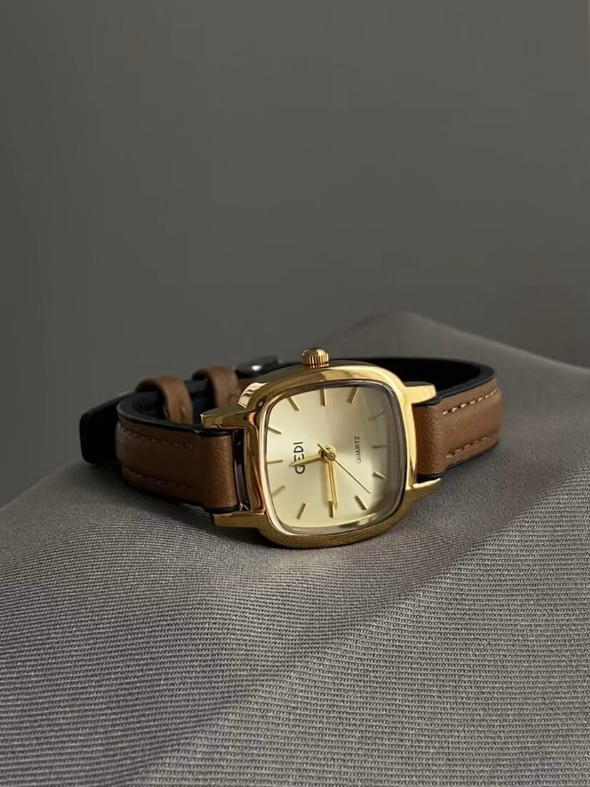 Classic Style Square Face Brown Leather Women's Watch
