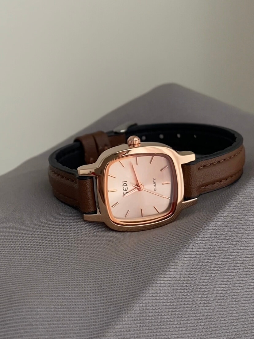 Classic Style Square Face Brown Leather Women's Watch