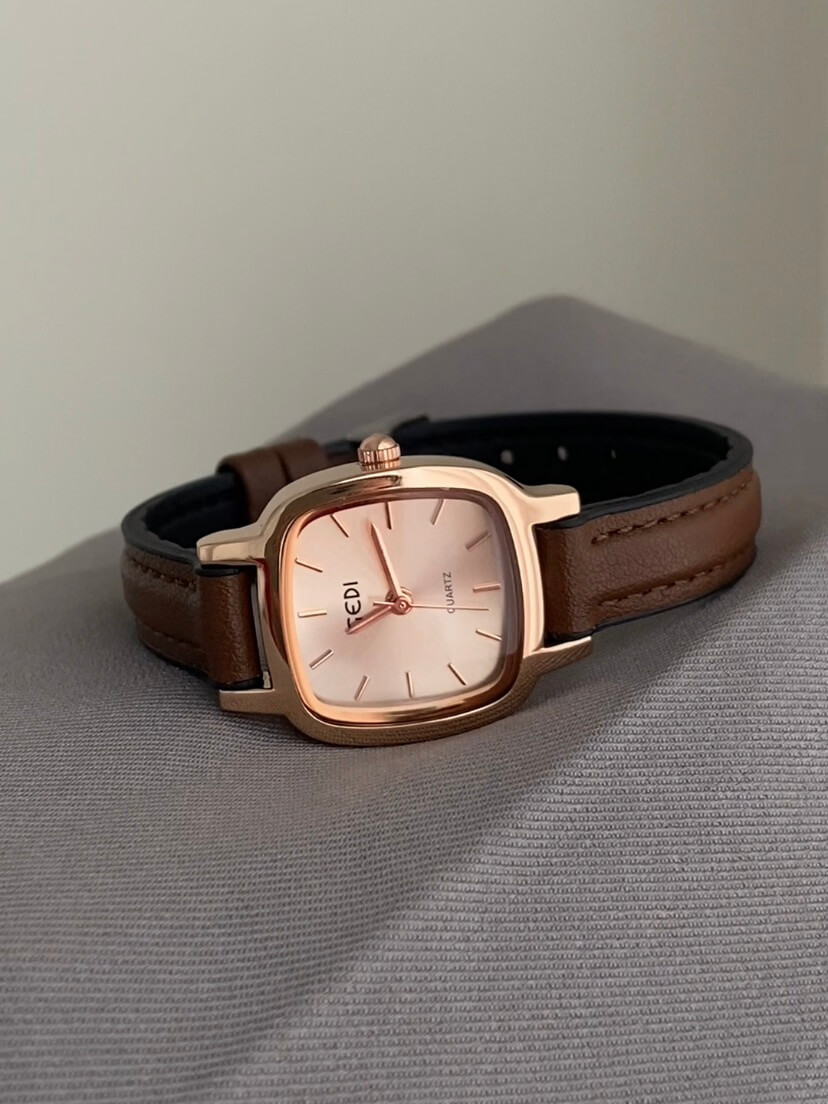 Classic Style Square Face Brown Leather Women's Watch