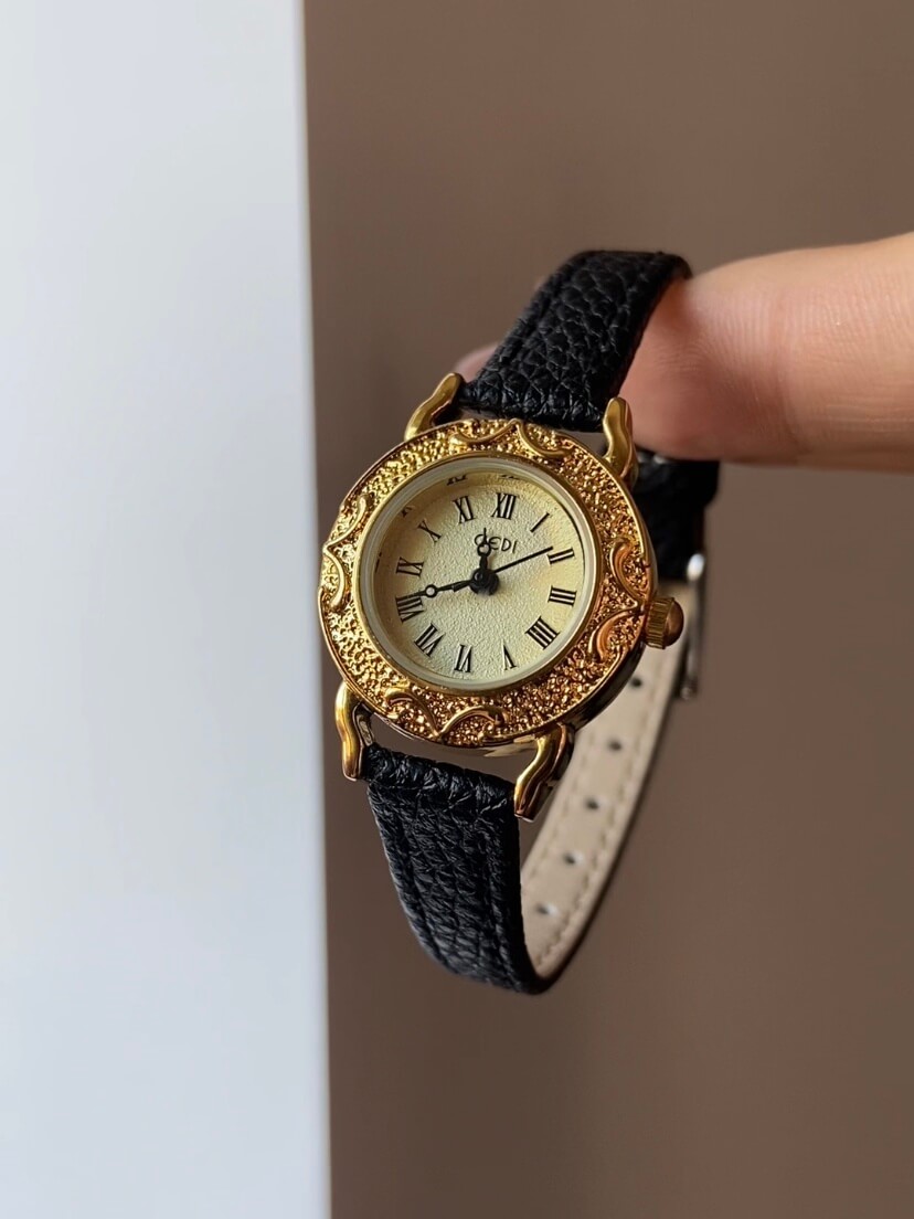 Vintage Style Gold Round Face Black Leather Watch