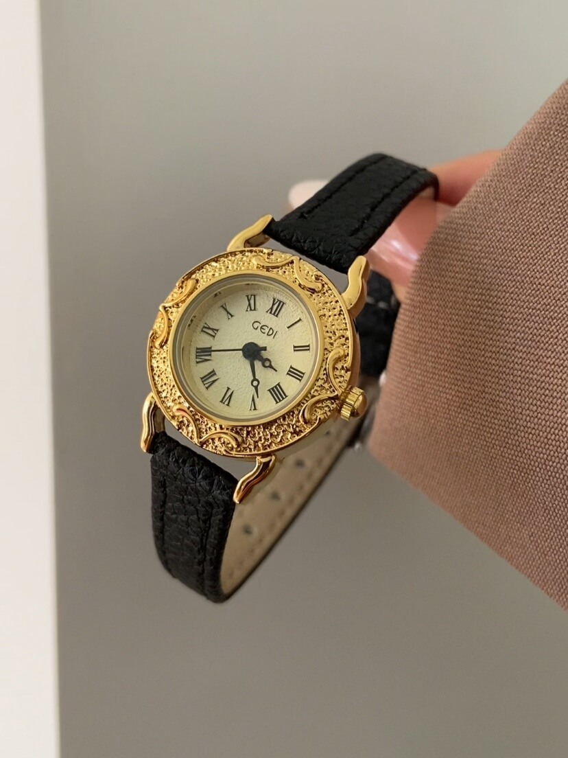 Vintage Style Gold Round Face Black Leather Watch