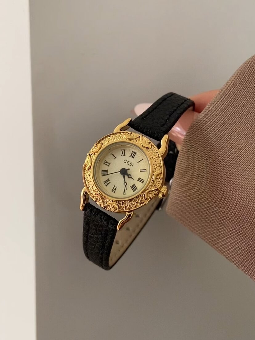 Vintage Style Gold Round Face Black Leather Watch