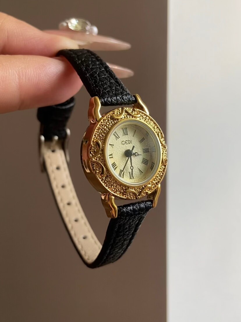 Vintage Style Gold Round Face Black Leather Watch