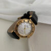 Vintage Gold Round White Face Black Leather Watch