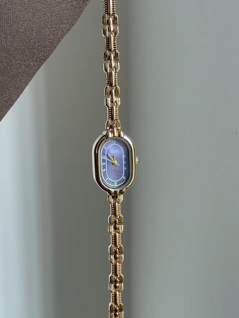 Minimalist Beige/Blue Oval Face Gold Bracelet Watch