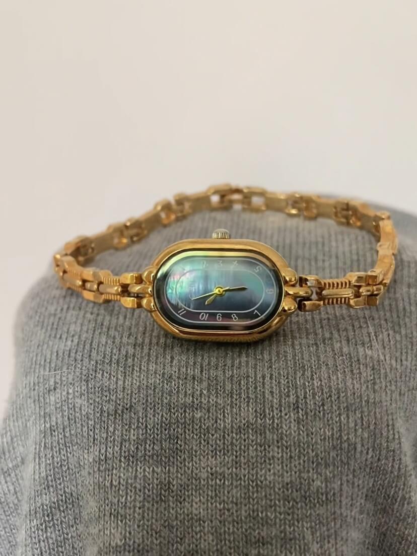 Minimalist Beige/Blue Oval Face Gold Bracelet Watch