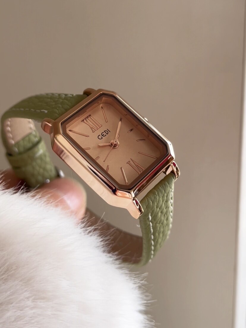 Classic Rectangle Face Brown/Green/Orange Leather Watch