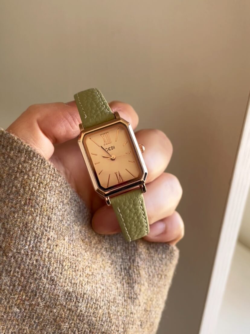 Classic Rectangle Face Brown/Green/Orange Leather Watch