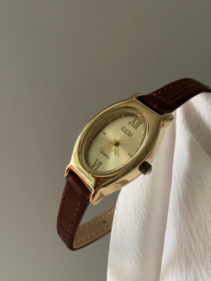 Classic Style Gold Oval Face Brown Leather Watch