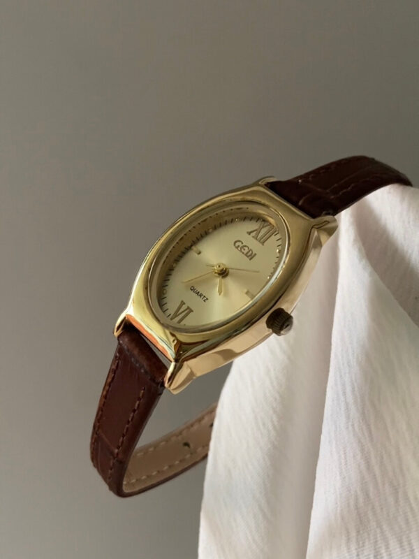 Classic Style Gold Oval Face Brown Leather Watch