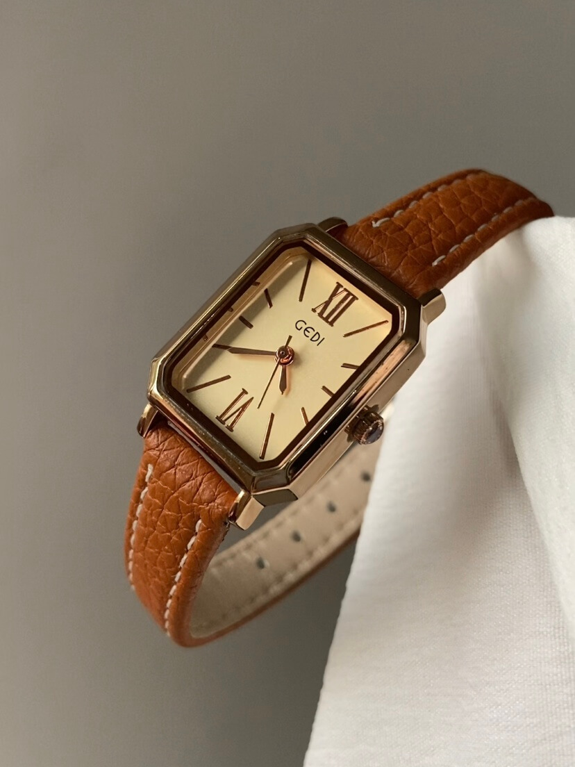 Classic Rectangle Face Brown/Green/Orange Leather Watch