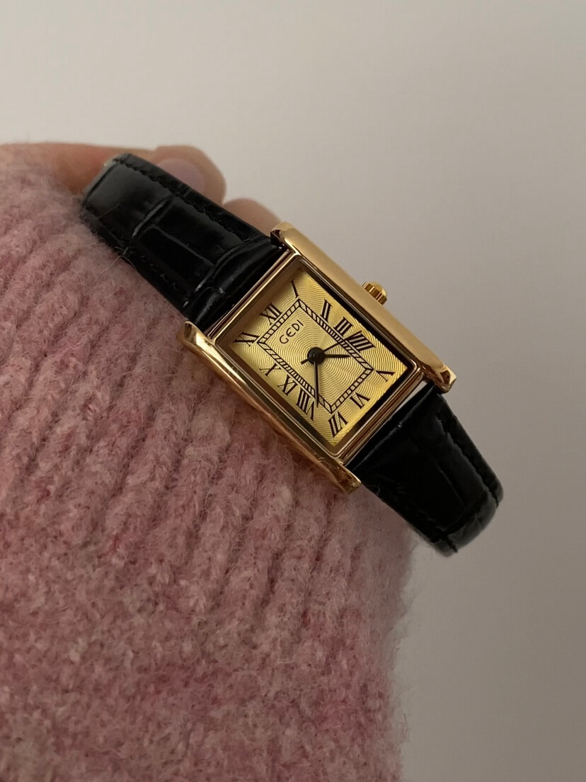 Vintage Rectangle Beige Face Brown/Black Leather Watch