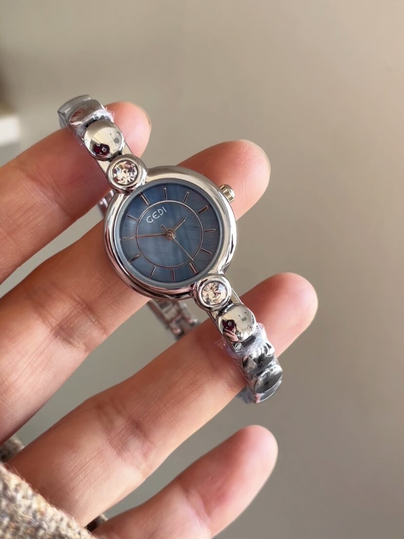 White/Blue Mother of Pearl Round Face Silver Bracelet Watch