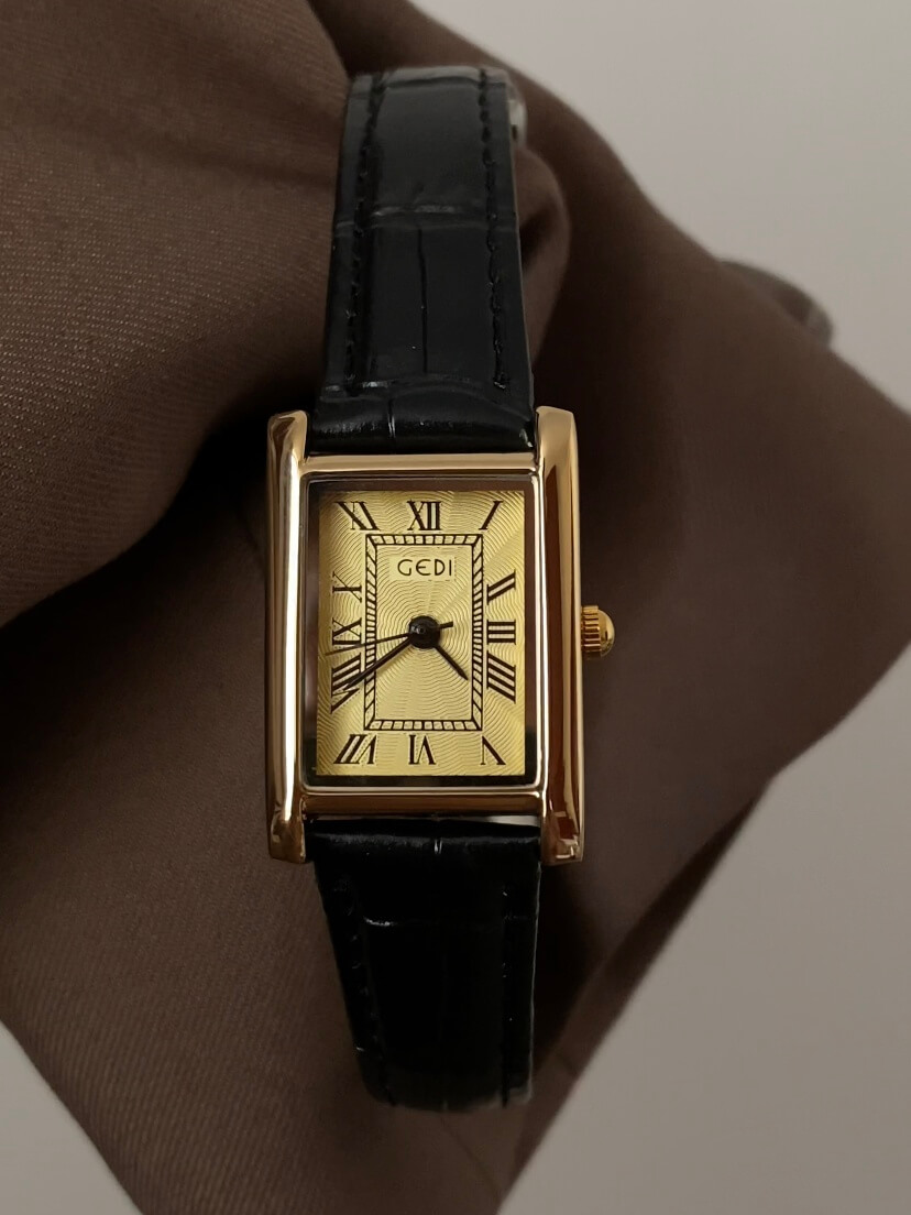 Vintage Rectangle Beige Face Brown/Black Leather Watch