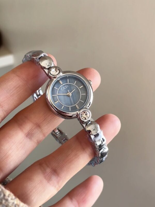 White/Blue Mother of Pearl Round Face Silver Bracelet Watch