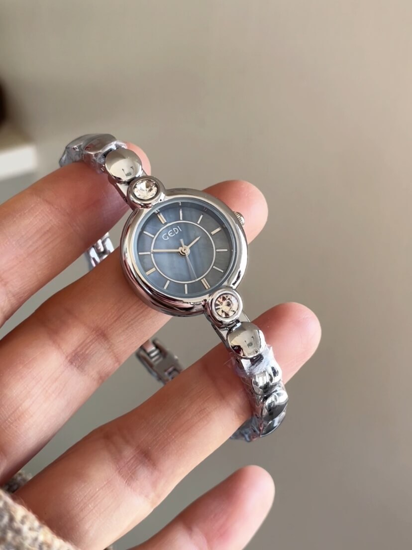 White/Blue Mother of Pearl Round Face Silver Bracelet Watch