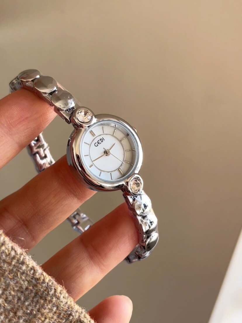 White/Blue Mother of Pearl Round Face Silver Bracelet Watch