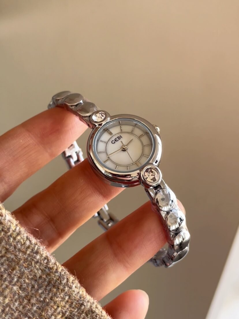 White/Blue Mother of Pearl Round Face Silver Bracelet Watch