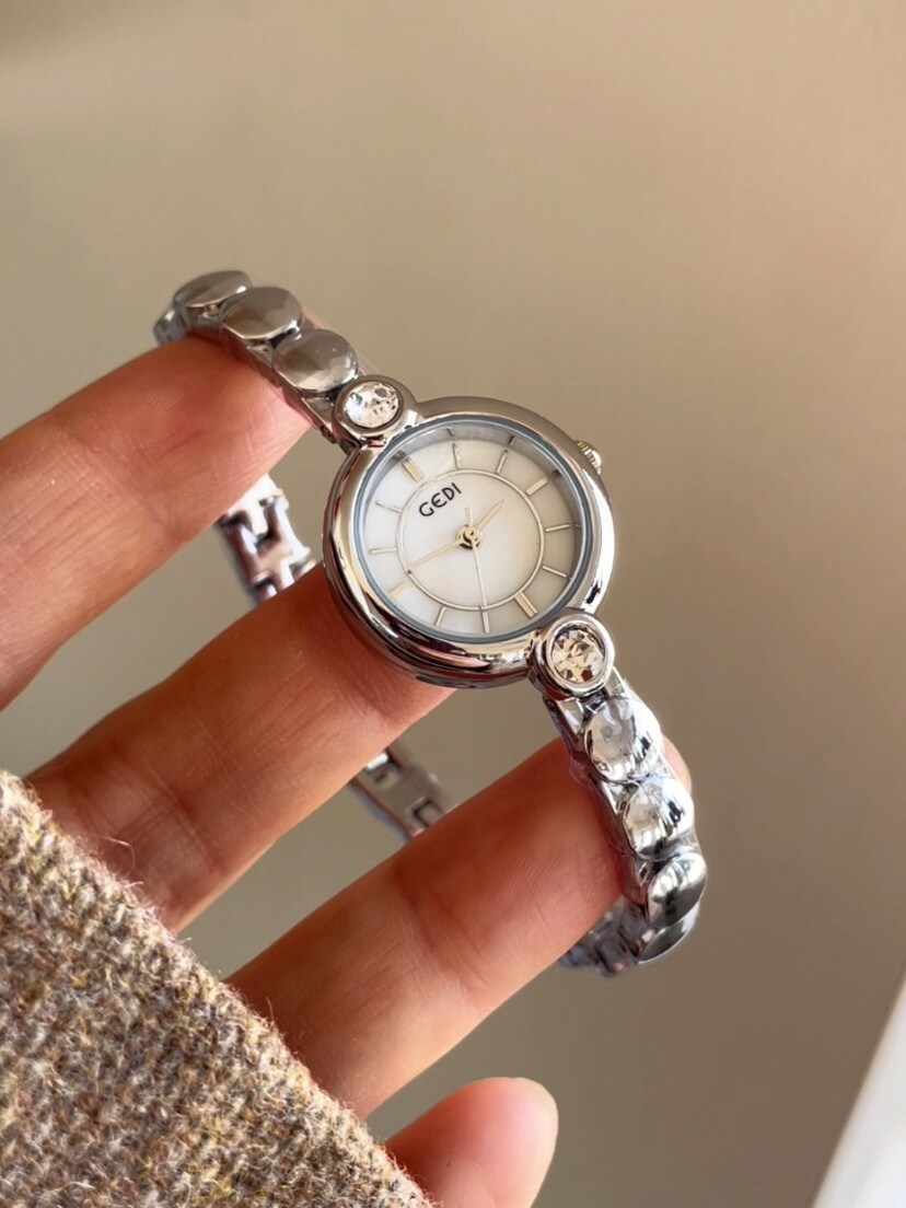 White/Blue Mother of Pearl Round Face Silver Bracelet Watch
