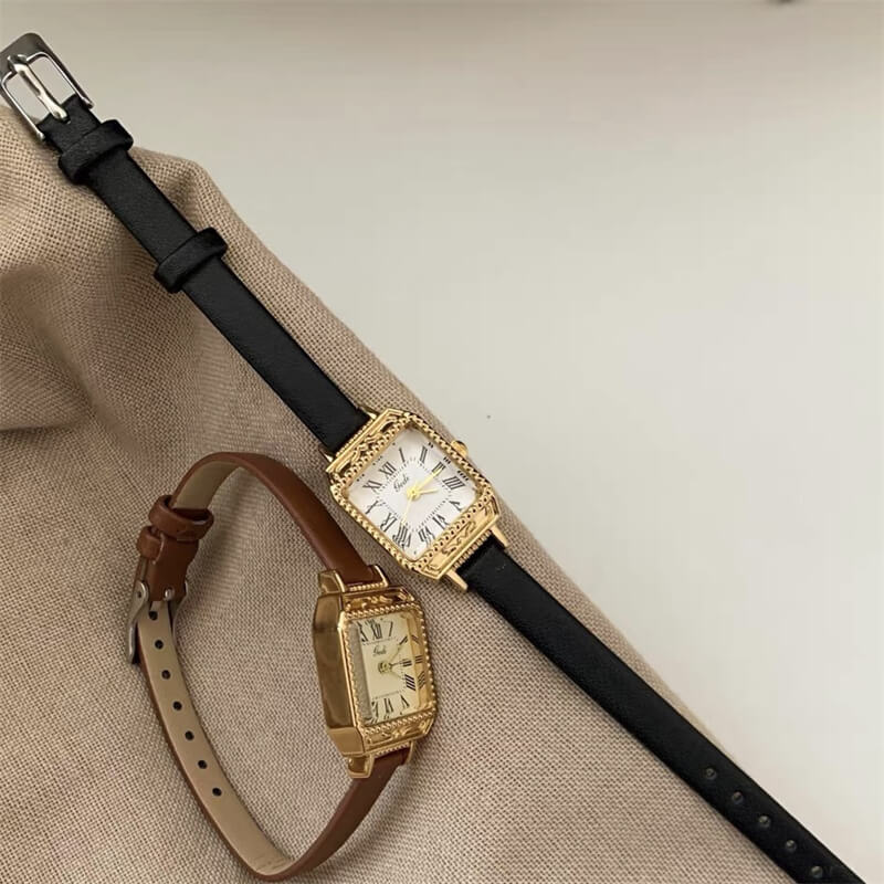 Minimalist Black/Brown Rectangle Small Face Leather Watch