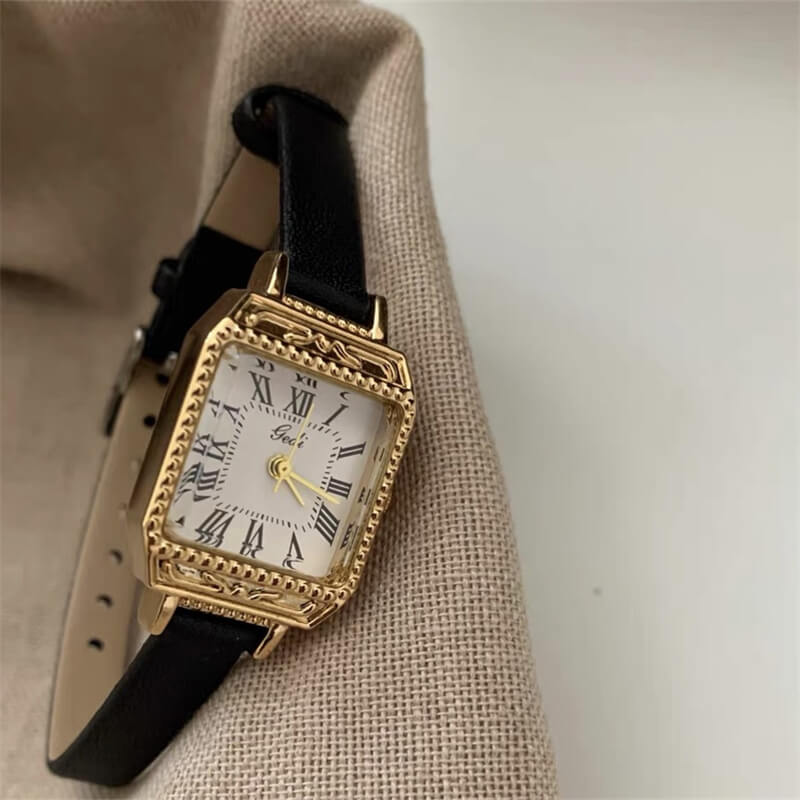 Minimalist Black/Brown Rectangle Small Face Leather Watch