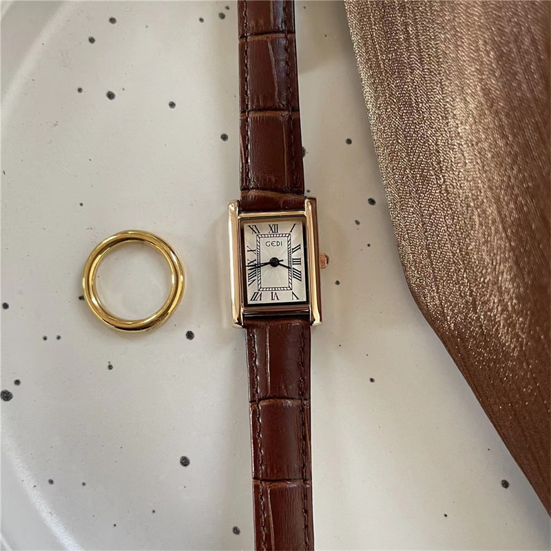 Vintage Style Black Rectangle Genuine Leather Watch