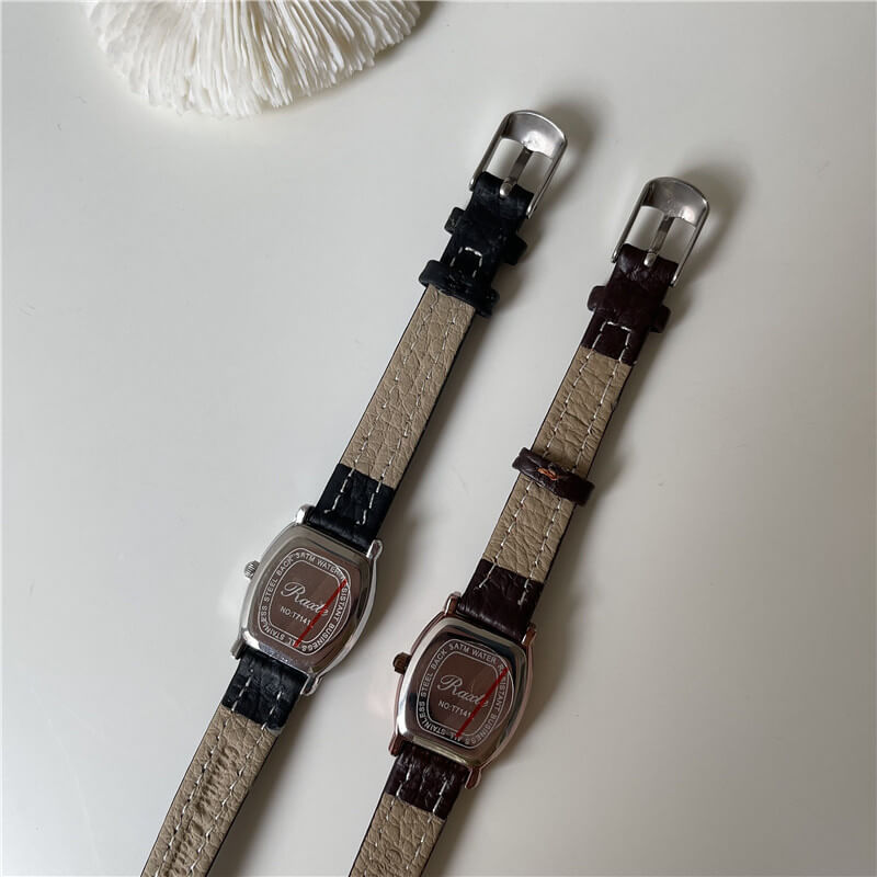 Vintage Style Black/Brown Barrel Leather Ladies Watch