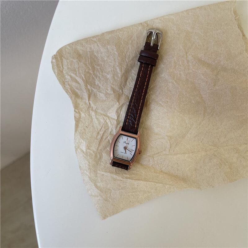 Vintage Style Black/Brown Barrel Leather Ladies Watch