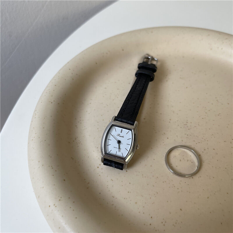 Vintage Style Black/Brown Barrel Leather Ladies Watch