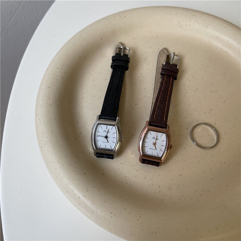 Vintage Style Black/Brown Barrel Leather Ladies Watch