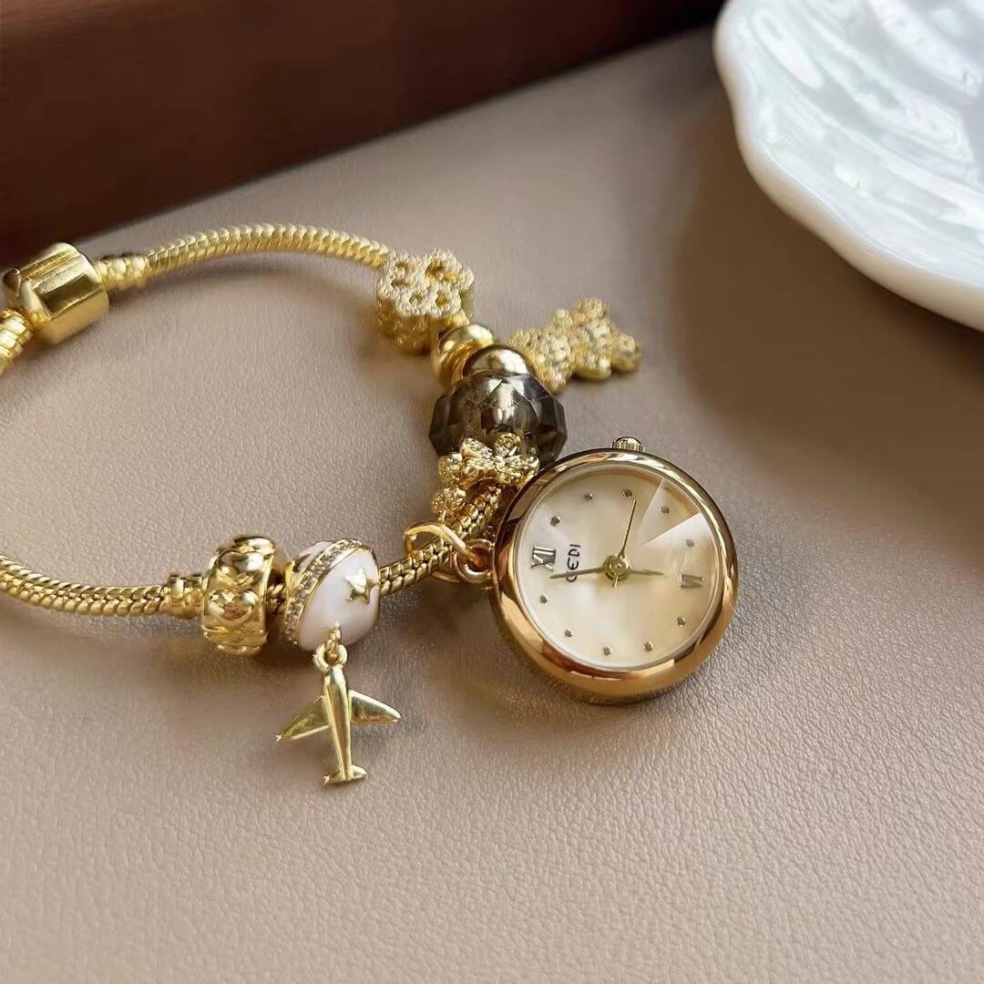 Dainty Gold Round Charms Bracelet Watch