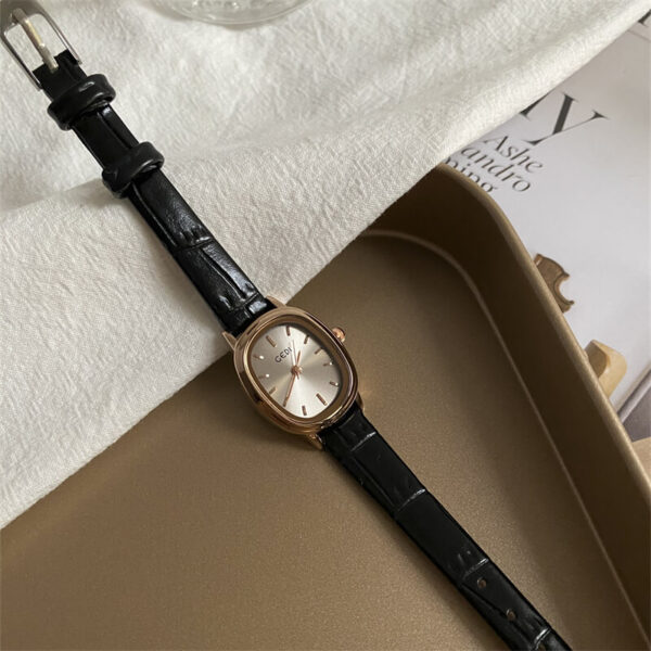 Dainty Black Oval Leather Watch for Women