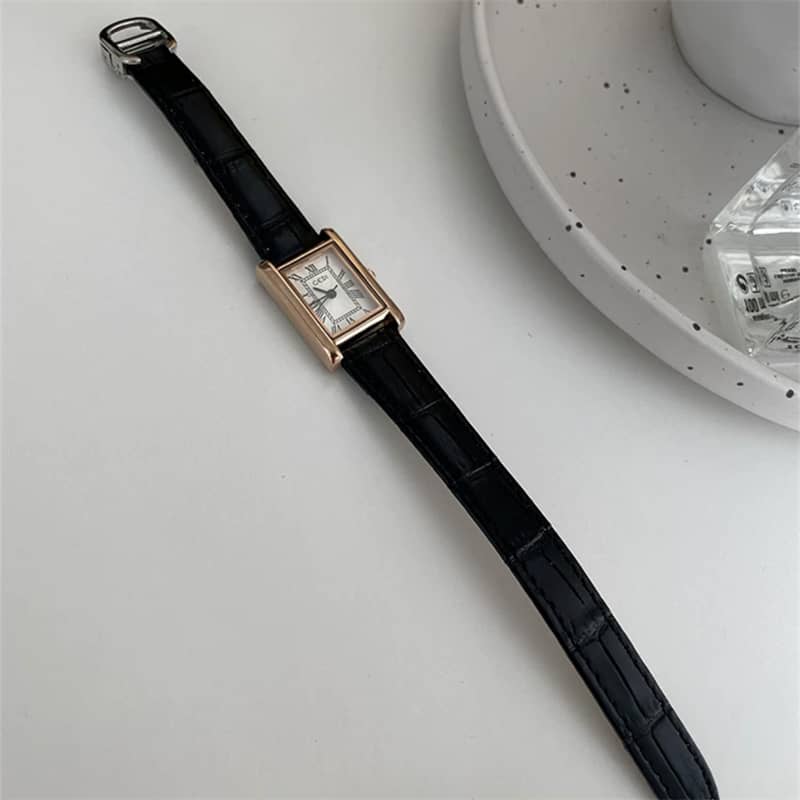 Vintage Style Black Rectangle Genuine Leather Watch