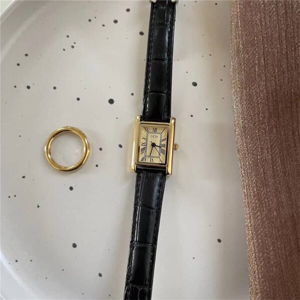 Vintage Style Black Rectangle Genuine Leather Watch