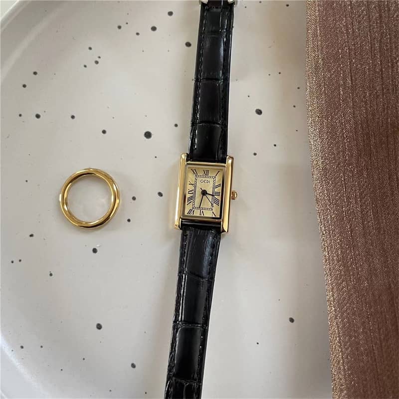 Vintage Style Black Rectangle Genuine Leather Watch
