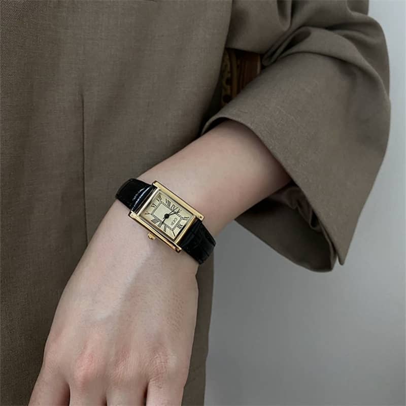 Vintage Style Black Rectangle Genuine Leather Watch