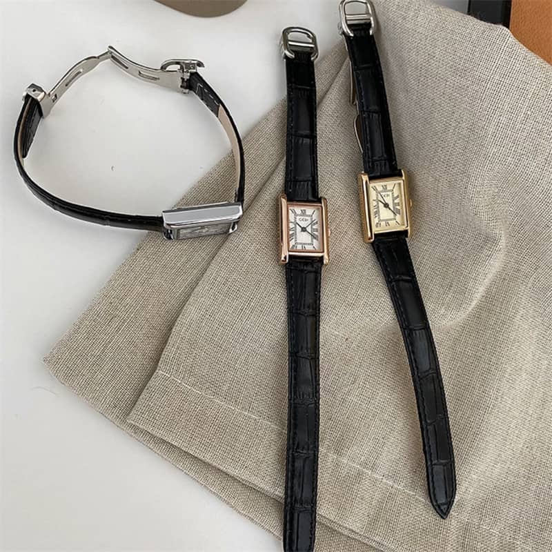 Vintage Style Black Rectangle Genuine Leather Watch