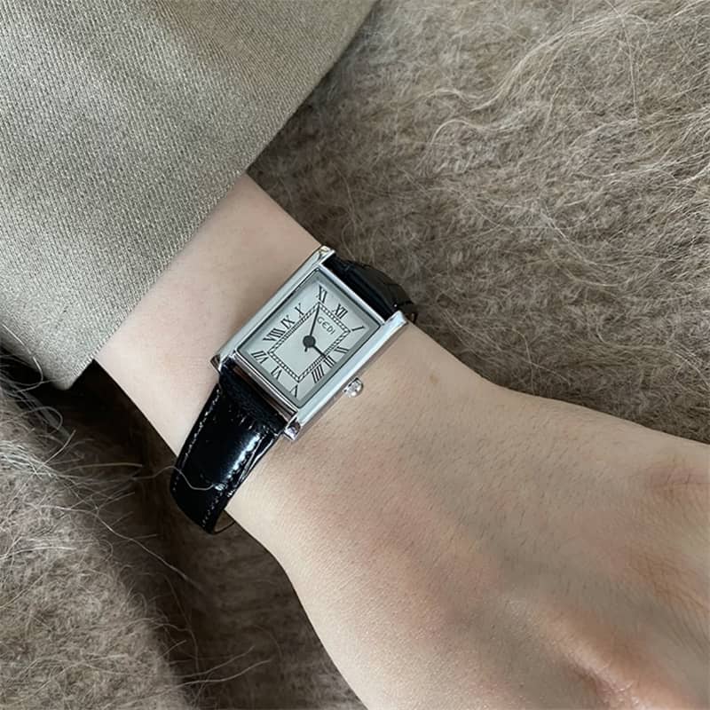 Vintage Style Black Rectangle Genuine Leather Watch