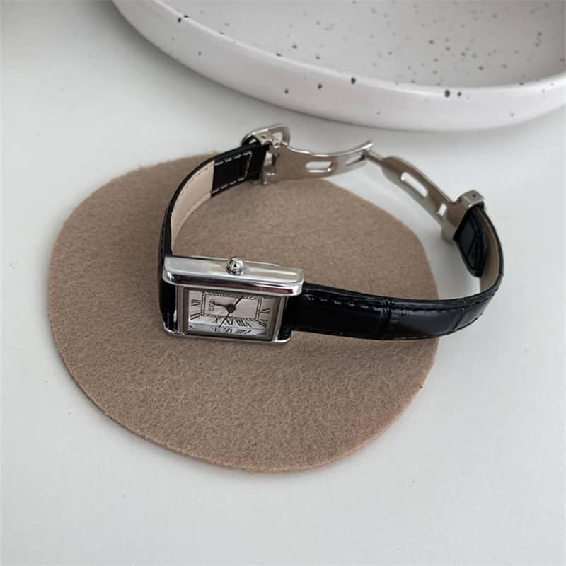 Vintage Style Black Rectangle Genuine Leather Watch