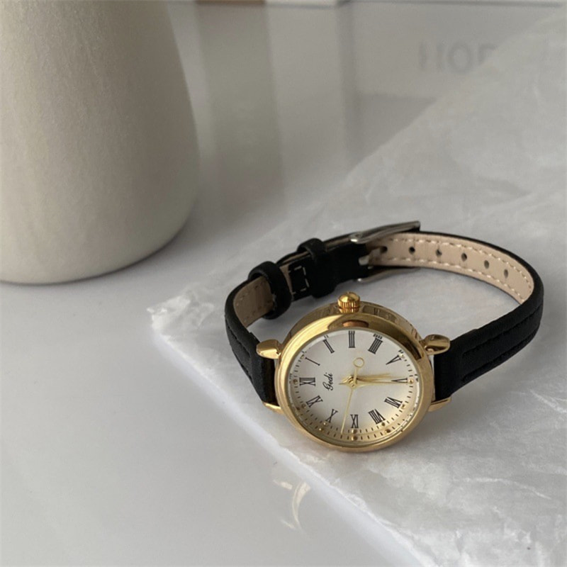 Classic Brown/Black Round Leather Watch for Women