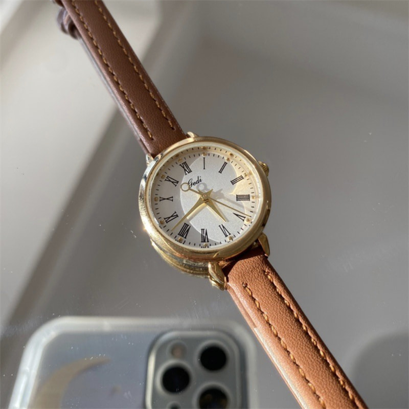 Classic Brown/Black Round Leather Watch for Women