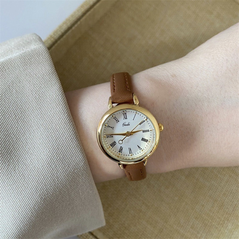 Classic Brown/Black Round Leather Watch for Women