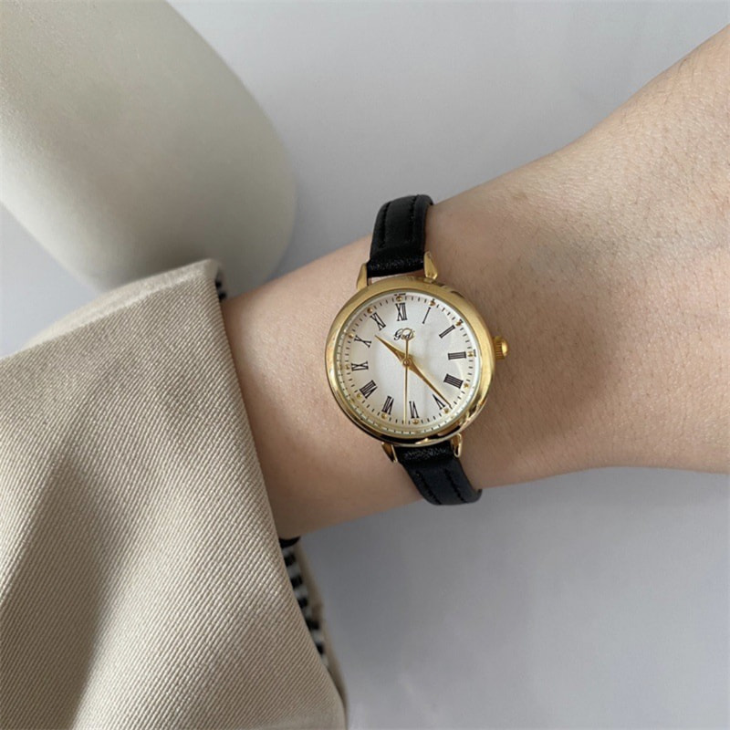 Classic Brown/Black Round Leather Watch for Women