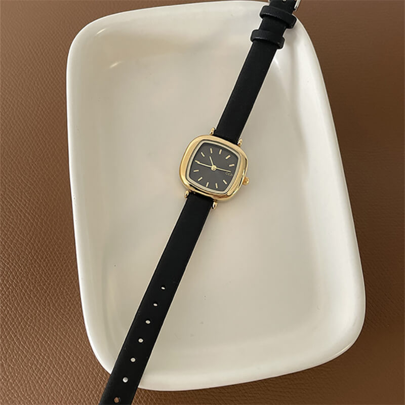 Black Leather Square Face Watch