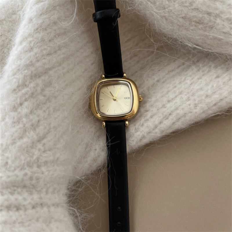 Black Leather Square Face Watch